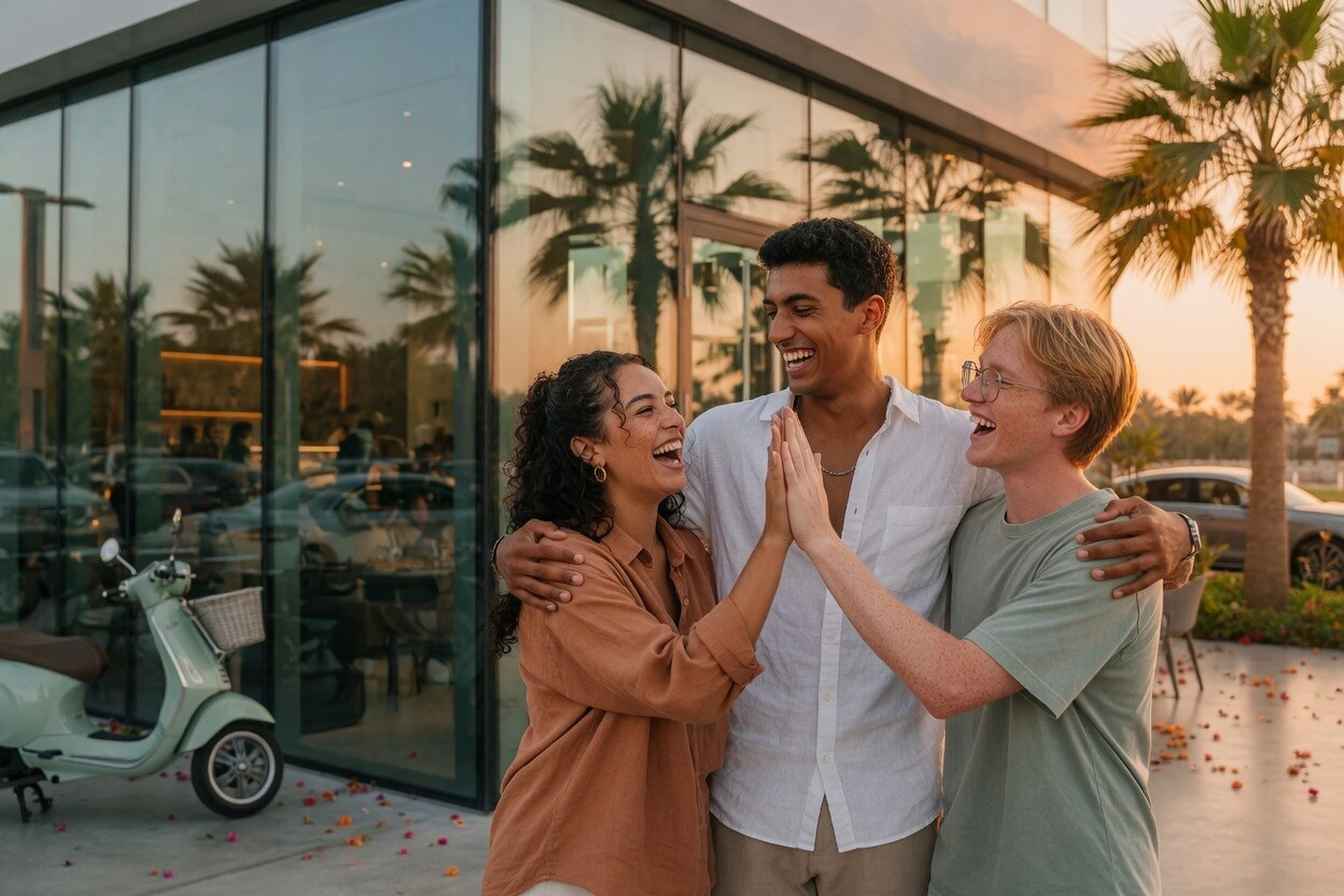 Young expats greeting friends outside a café