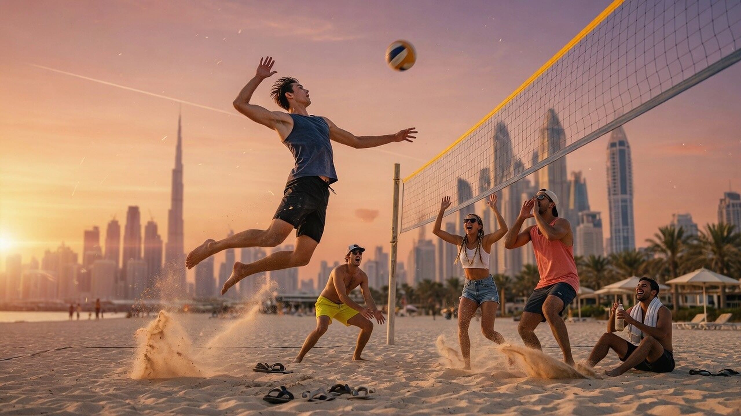 Young people playing beach volleyball